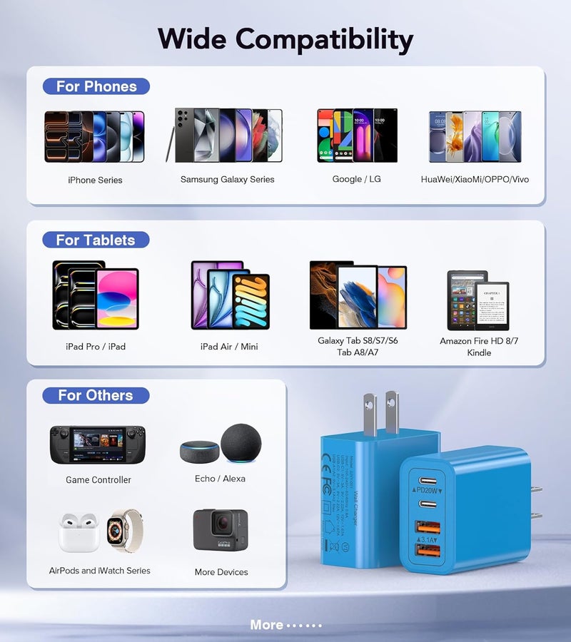 Dulums [40 واط/عبوة 2] شاحن حائط، كتلة شاحن USB C، محول طاقة سريع للغاية متعدد المنافذ PD + QC 3.0 لساعة سلسلة 9 8 7، آيفون 17 16 15 14 13 برو ماكس، آيربود، سامسونج جالاكسي S24 (أزرق) - Image 4